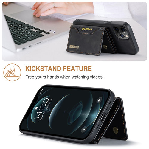 DG.MING M2 Series PU Leather Magnetic Tri-fold Wallet Phone Case with Kickstand for iPhone 12 / 12 Pro
