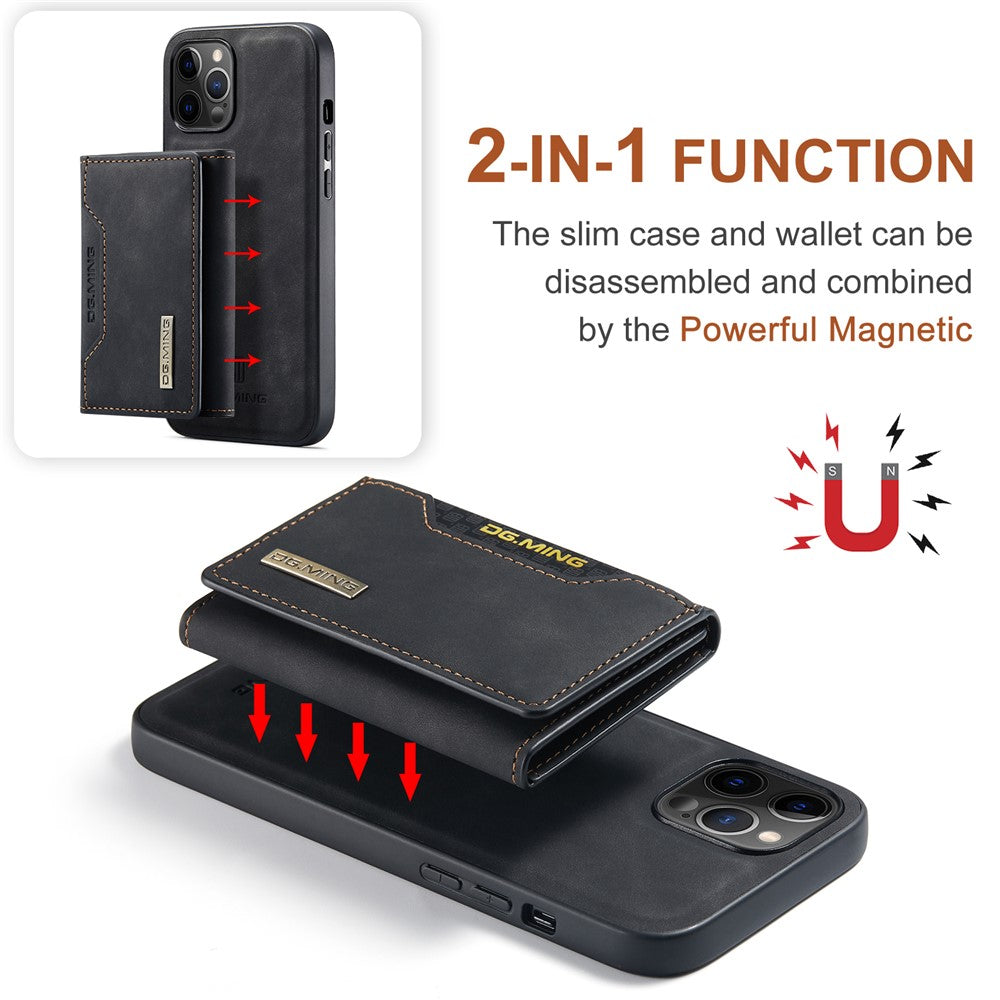 DG.MING M2 Series PU Leather Magnetic Tri-fold Wallet Phone Case with Kickstand for iPhone 12 / 12 Pro