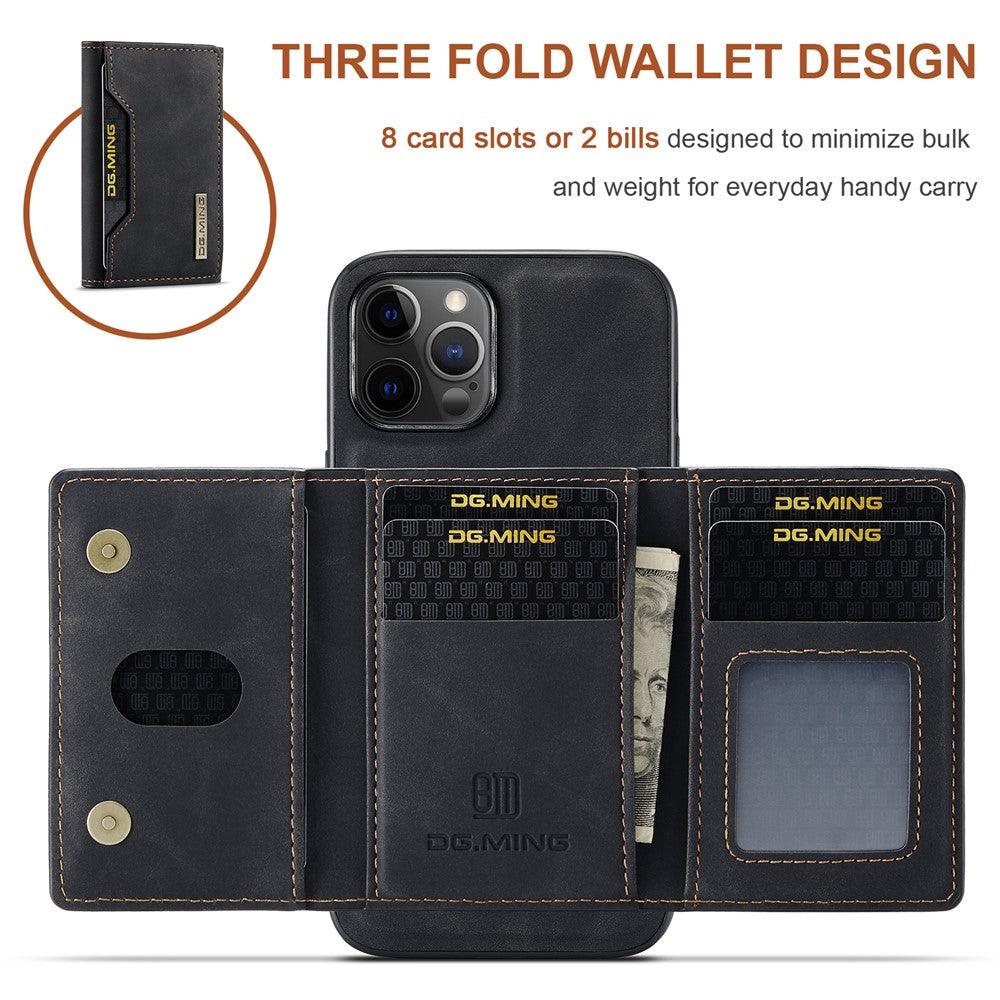 DG.MING M2 Series PU Leather Magnetic Tri-fold Wallet Phone Case with Kickstand for iPhone 12 / 12 Pro