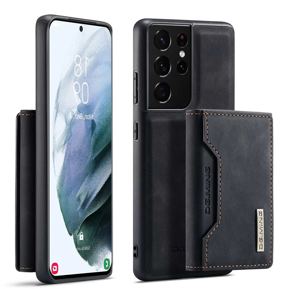 DG.MING M2 Series Magnetic Tri-fold Wallet Design Kickstand Cover Leather Phone Case Shell for Samsung Galaxy S21 Ultra 5G