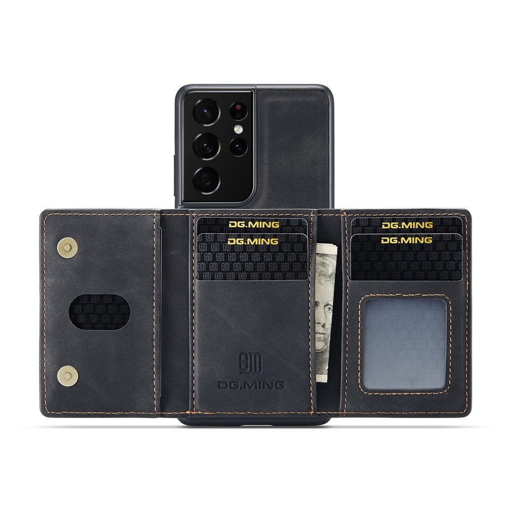 DG.MING M2 Series Magnetic Tri-fold Wallet Design Kickstand Cover Leather Phone Case Shell for Samsung Galaxy S21 Ultra 5G
