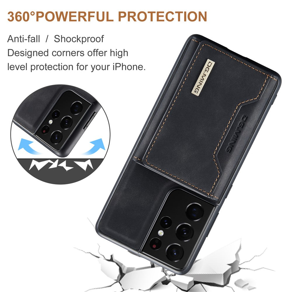 DG.MING M2 Series Magnetic Tri-fold Wallet Design Kickstand Cover Leather Phone Case Shell for Samsung Galaxy S21 Ultra 5G
