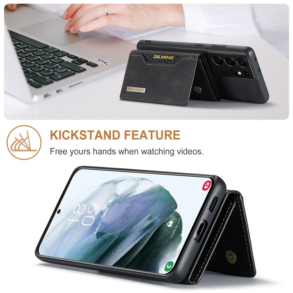 DG.MING M2 Series Magnetic Tri-fold Wallet Design Kickstand Cover Leather Phone Case Shell for Samsung Galaxy S21 Ultra 5G