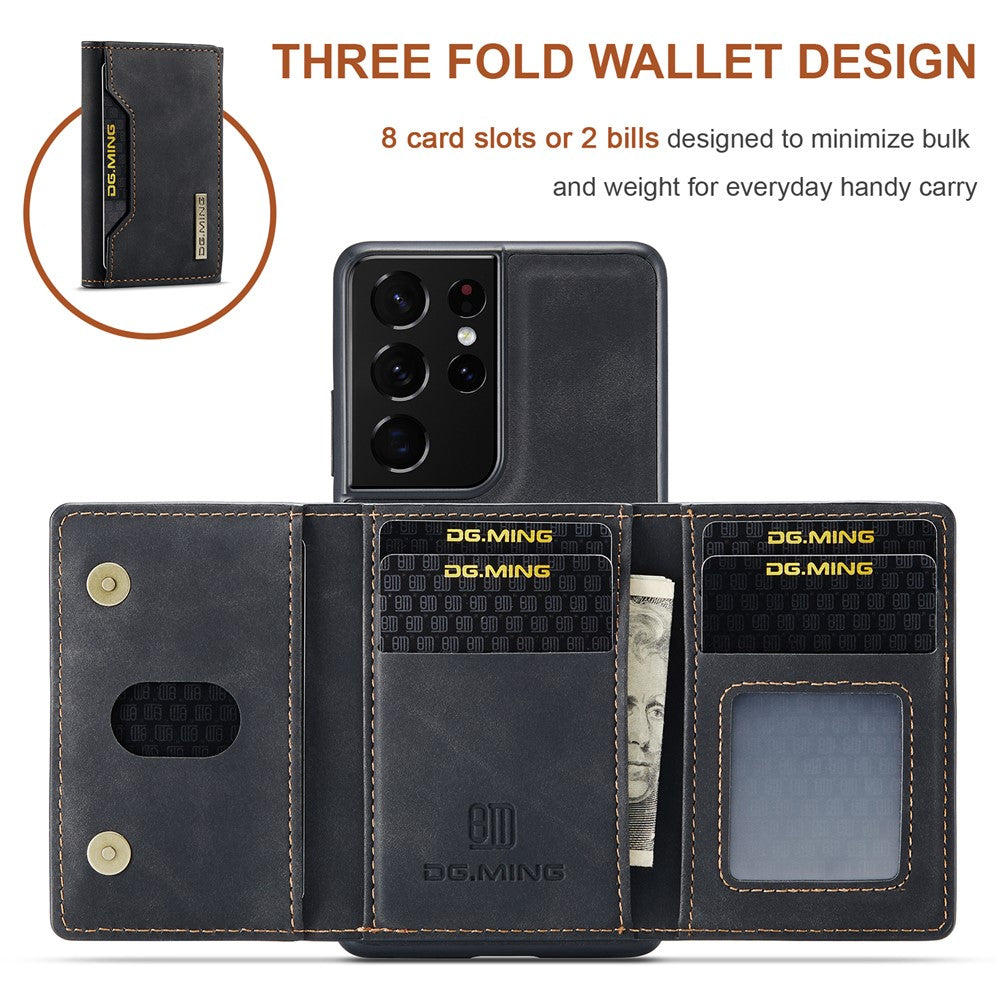 DG.MING M2 Series Magnetic Tri-fold Wallet Design Kickstand Cover Leather Phone Case Shell for Samsung Galaxy S21 Ultra 5G