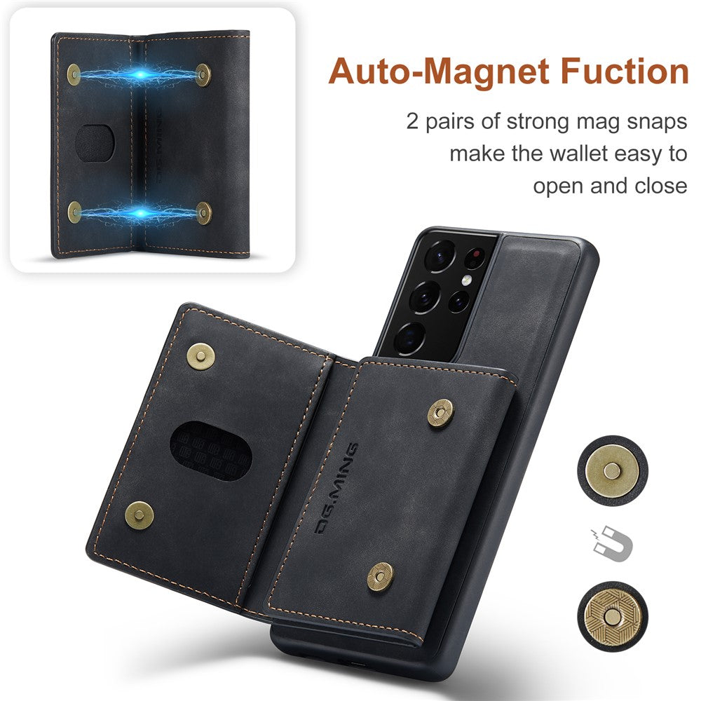DG.MING M2 Series Magnetic Tri-fold Wallet Design Kickstand Cover Leather Phone Case Shell for Samsung Galaxy S21 Ultra 5G