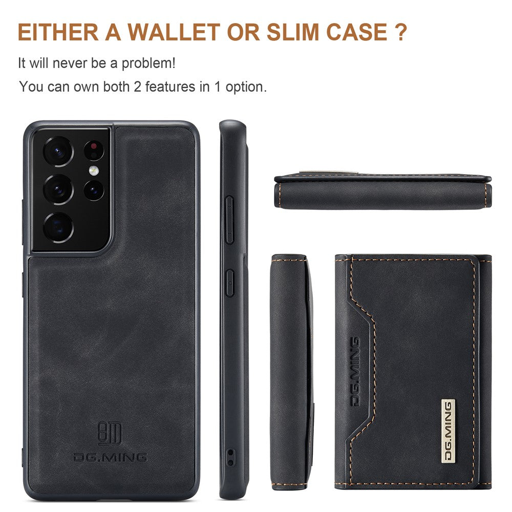 DG.MING M2 Series Magnetic Tri-fold Wallet Design Kickstand Cover Leather Phone Case Shell for Samsung Galaxy S21 Ultra 5G