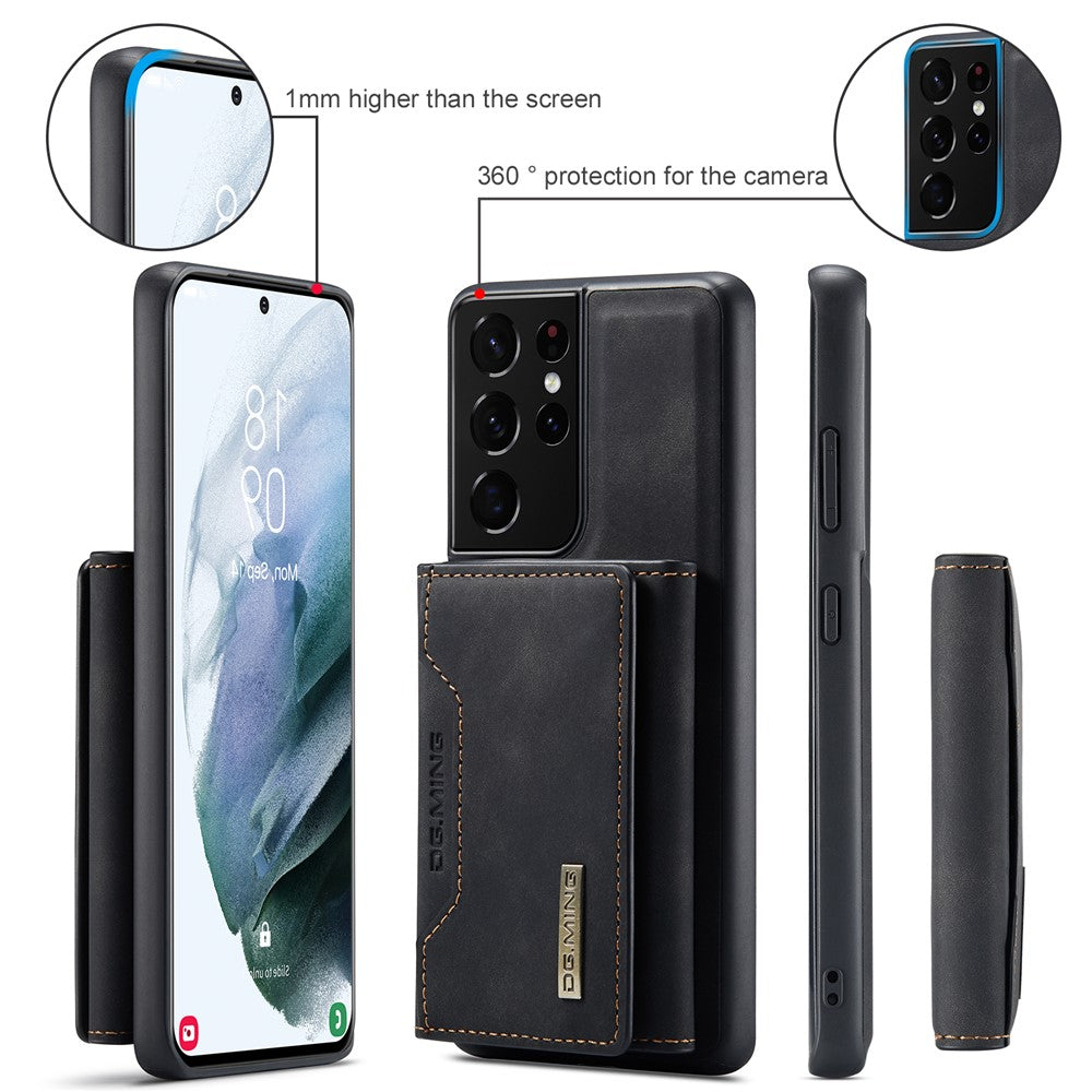 DG.MING M2 Series Magnetic Tri-fold Wallet Design Kickstand Cover Leather Phone Case Shell for Samsung Galaxy S21 Ultra 5G