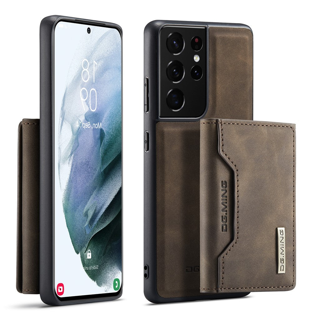 DG.MING M2 Series Magnetic Tri-fold Wallet Design Kickstand Cover Leather Phone Case Shell for Samsung Galaxy S21 Ultra 5G