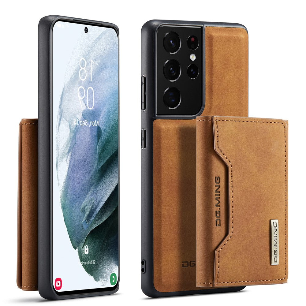 DG.MING M2 Series Magnetic Tri-fold Wallet Design Kickstand Cover Leather Phone Case Shell for Samsung Galaxy S21 Ultra 5G
