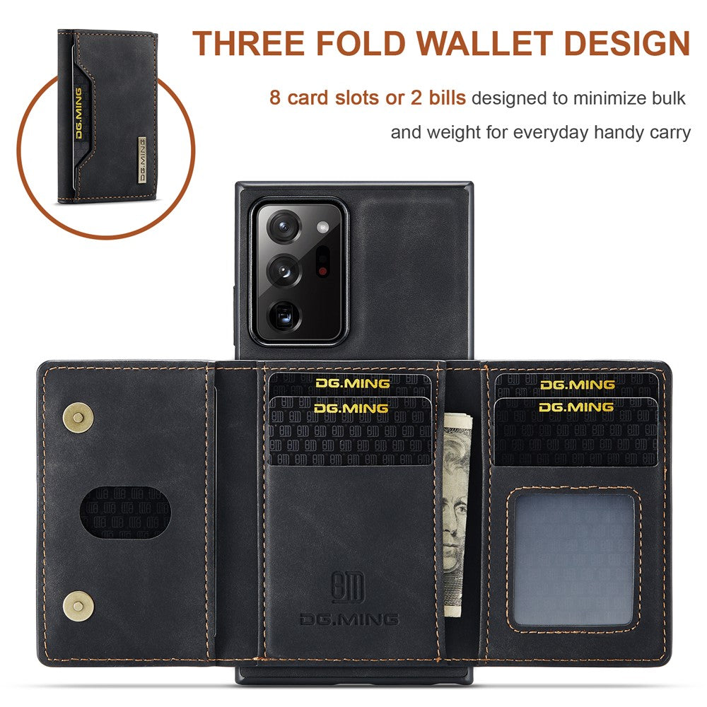 DG.MING M2 Series Magnetic Tri-fold Wallet Kickstand Leather Case for Samsung Galaxy Note20 Ultra/Note20 Ultra 5G