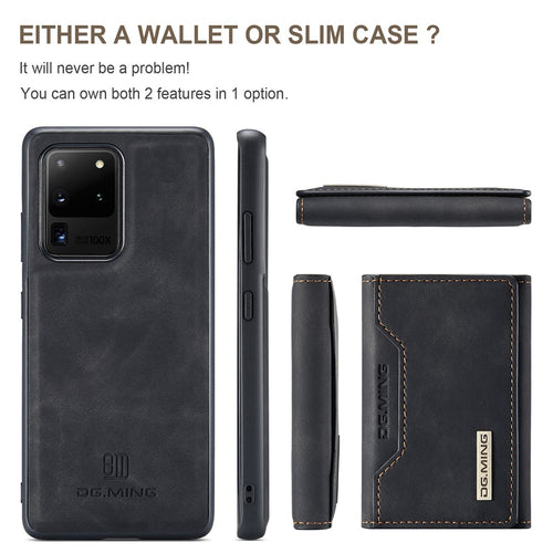 DG.MING M2 Series Tri-Fold Wallet Kickstand Design Magnetic Detachable Wireless Charging Hybrid Case for Samsung Galaxy S20 Ultra