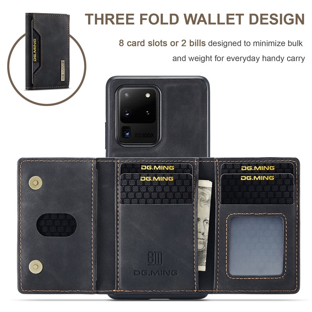 DG.MING M2 Series Tri-Fold Wallet Kickstand Design Magnetic Detachable Wireless Charging Hybrid Case for Samsung Galaxy S20 Ultra
