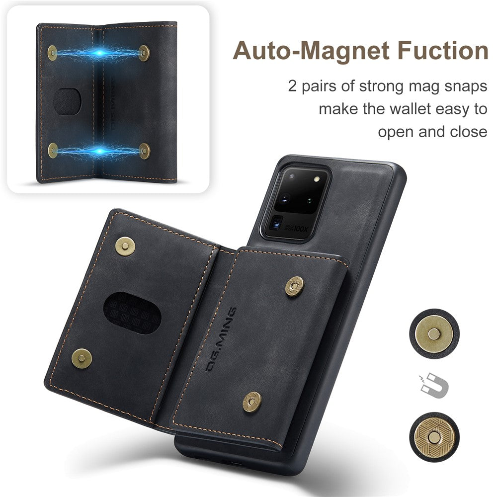 DG.MING M2 Series Tri-Fold Wallet Kickstand Design Magnetic Detachable Wireless Charging Hybrid Case for Samsung Galaxy S20 Ultra