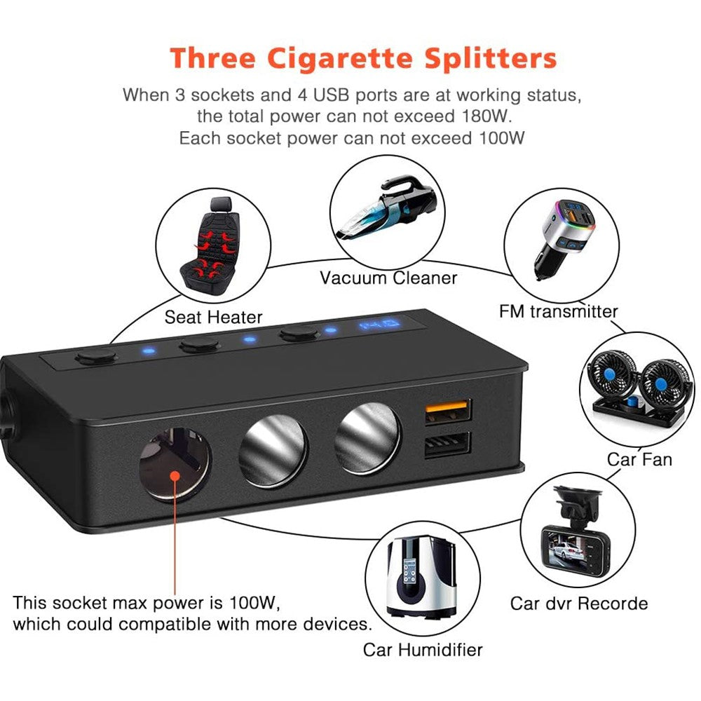 TR24 High Power Car Charger 3 Cigarette Lighter Sockets 4 USB Ports Fast Charging Adapter with Independent Switch