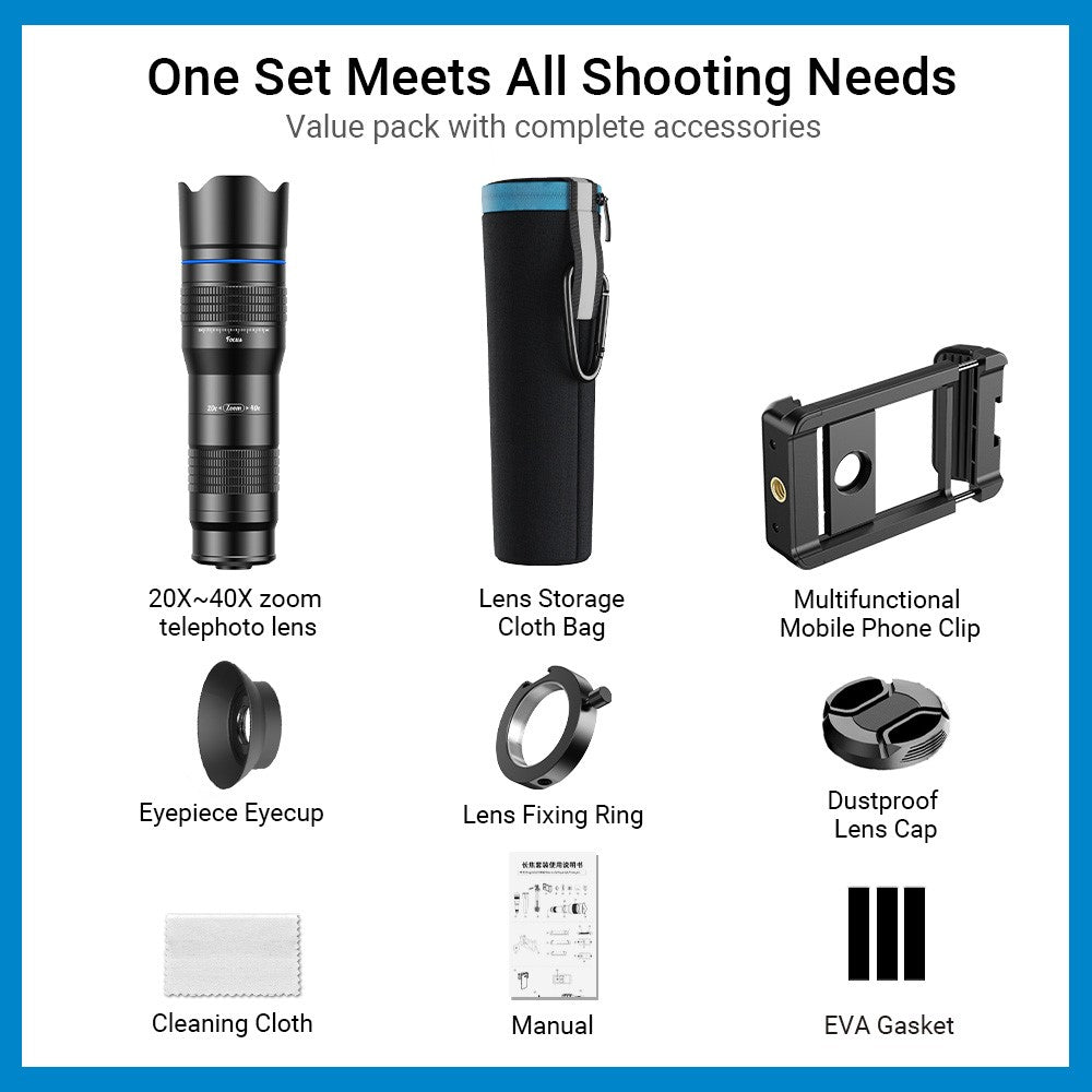 APEXEL HD Metal 20-40x Zoom Telescope Telephoto Lens Monocular Phone Camera Lens for iPhone Samsung Huawei