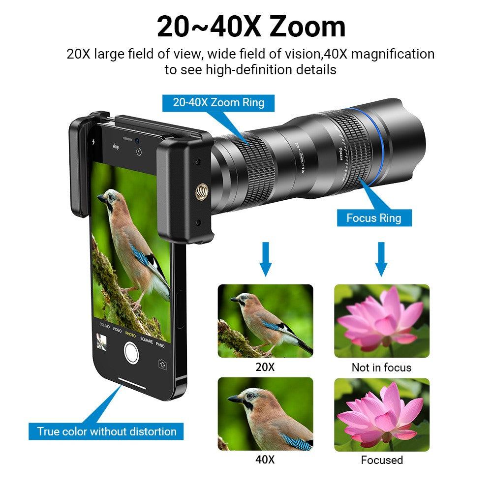 APEXEL HD Metal 20-40x Zoom Telescope Telephoto Lens Monocular Phone Camera Lens for iPhone Samsung Huawei
