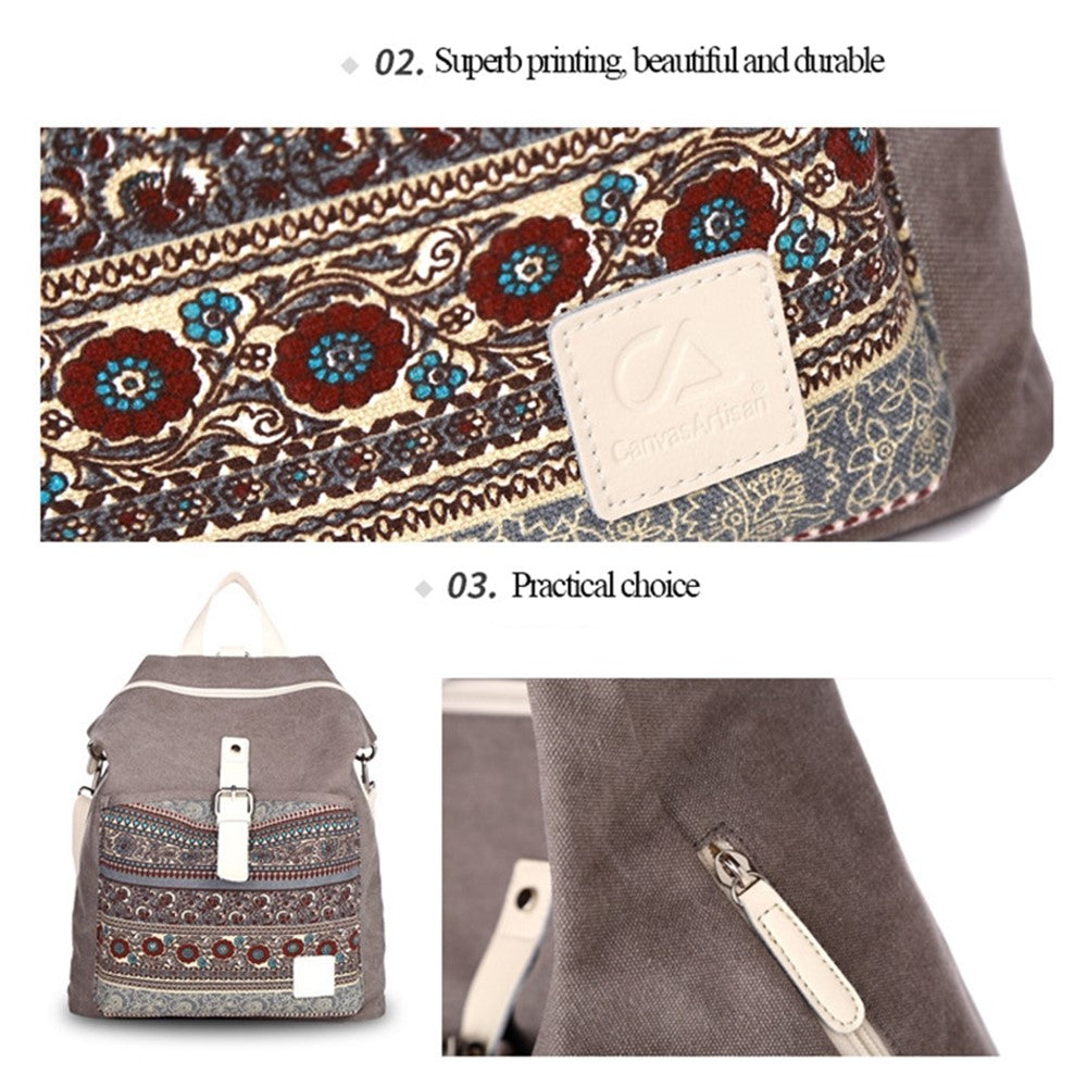 CANVASARTISAN T29-3 Ethnic Style Canvas Backpack School Bag Travel Daypack Shoulders Bag