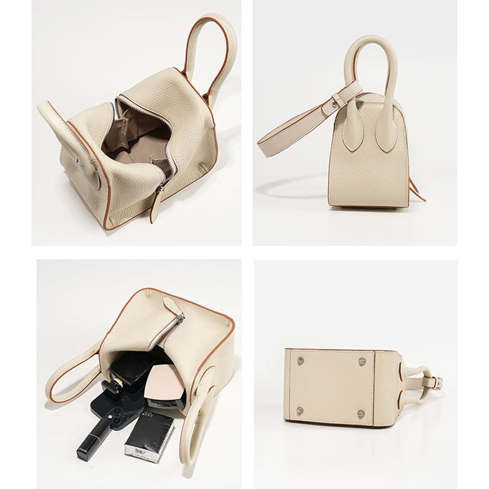 9661 Women Underarm Bag Top Layer Cowhide Leather Zipper Splicing Handbag Armpit Bag