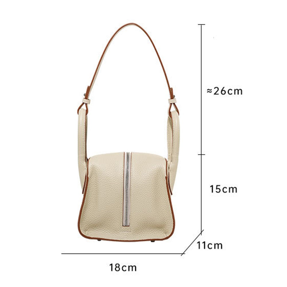9661 Women Underarm Bag Top Layer Cowhide Leather Zipper Splicing Handbag Armpit Bag