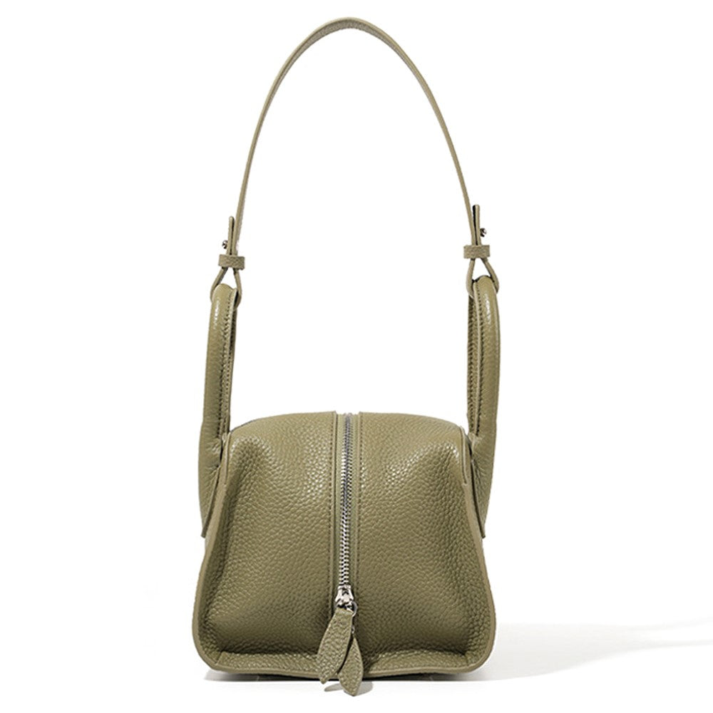 9661 Women Underarm Bag Top Layer Cowhide Leather Zipper Splicing Handbag Armpit Bag