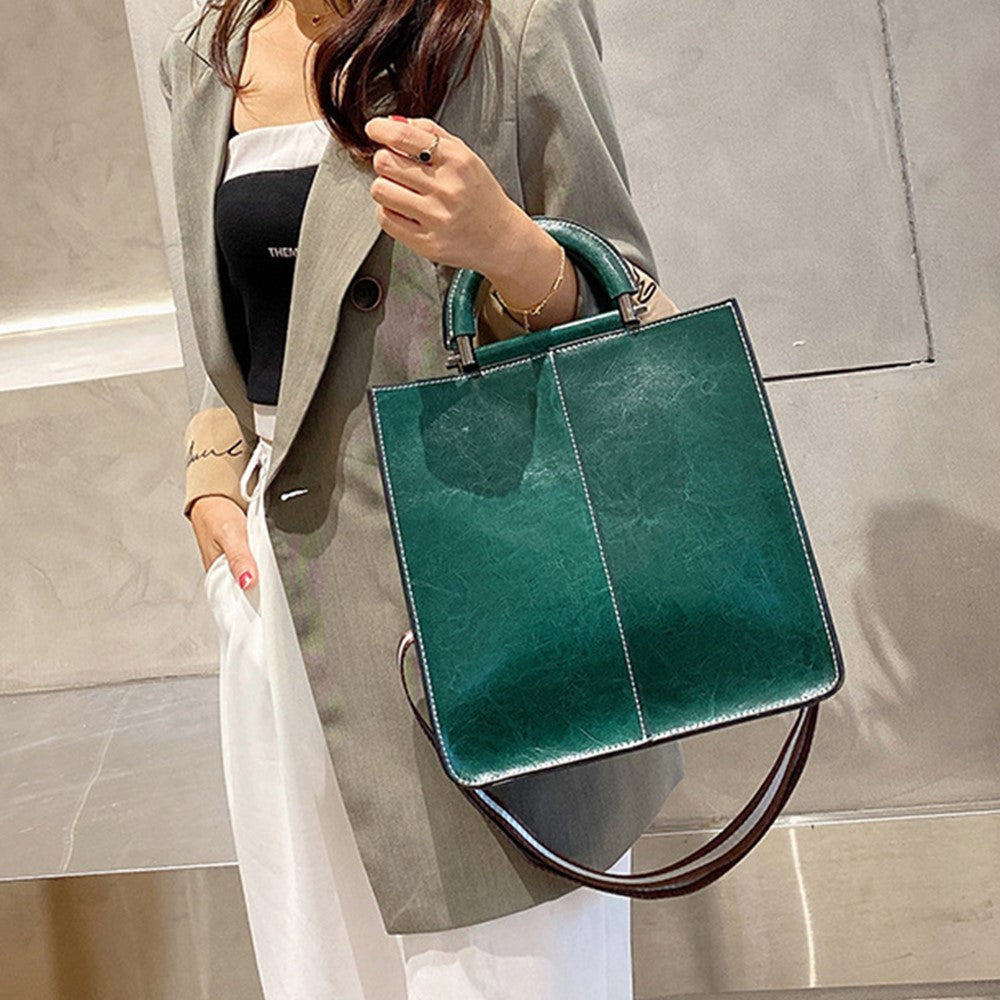55711 Solid Color Tote Handbag Women Cowhide Leather Crossbody Shoulder Bag for Shopping Dating