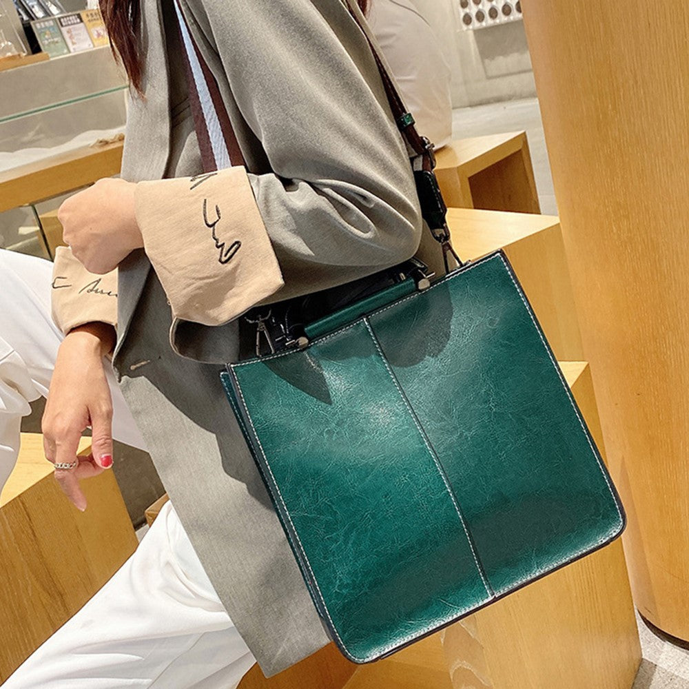 55711 Solid Color Tote Handbag Women Cowhide Leather Crossbody Shoulder Bag for Shopping Dating