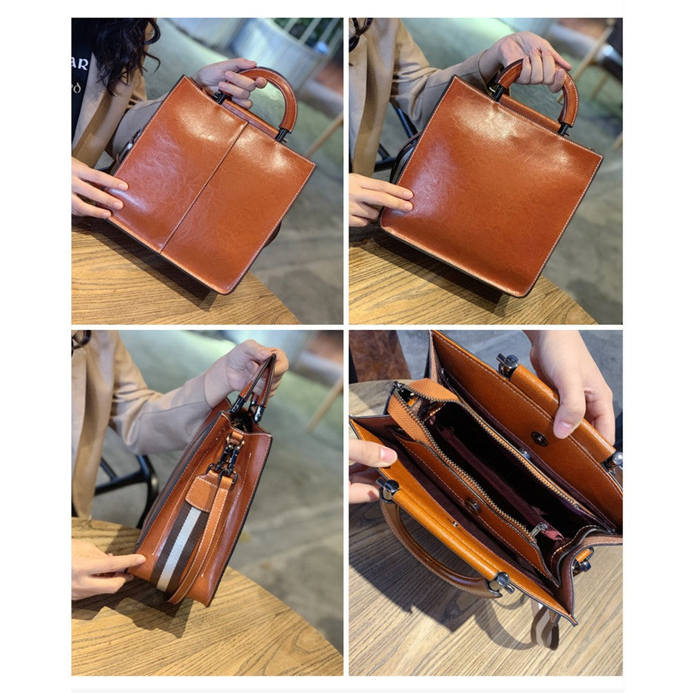 55711 Solid Color Tote Handbag Women Cowhide Leather Crossbody Shoulder Bag for Shopping Dating