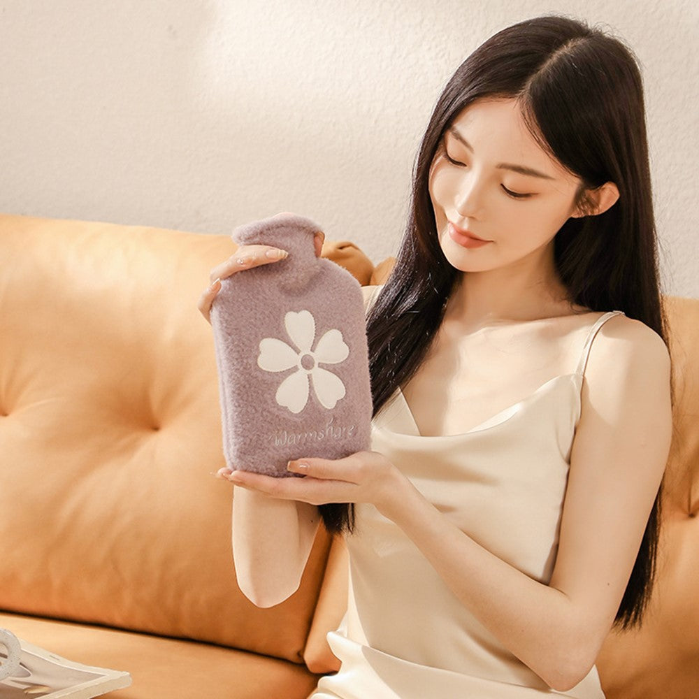 1000ML Refillable Hot Water Bag Winter Hand Feet Warmer with Flower Pattern Fleece Cover