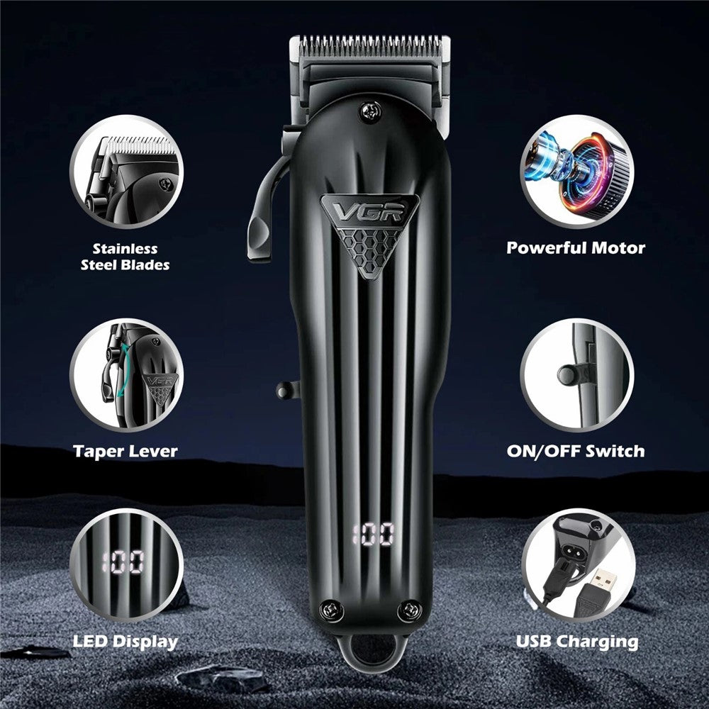 VGR V-282 Professional Hair Clipper USB Rechargeable Cordless Electric Hair Trimmer with Digital Display