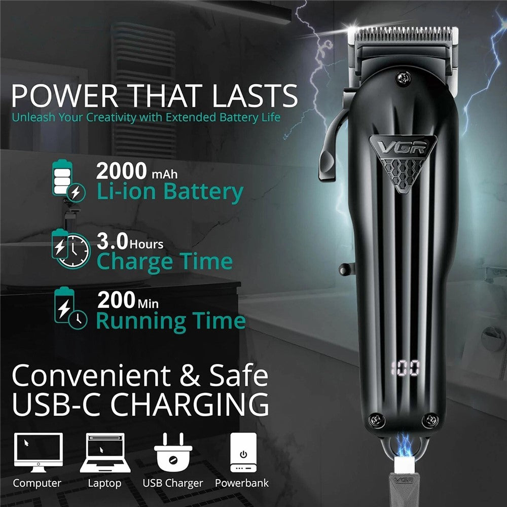 VGR V-282 Professional Hair Clipper USB Rechargeable Cordless Electric Hair Trimmer with Digital Display