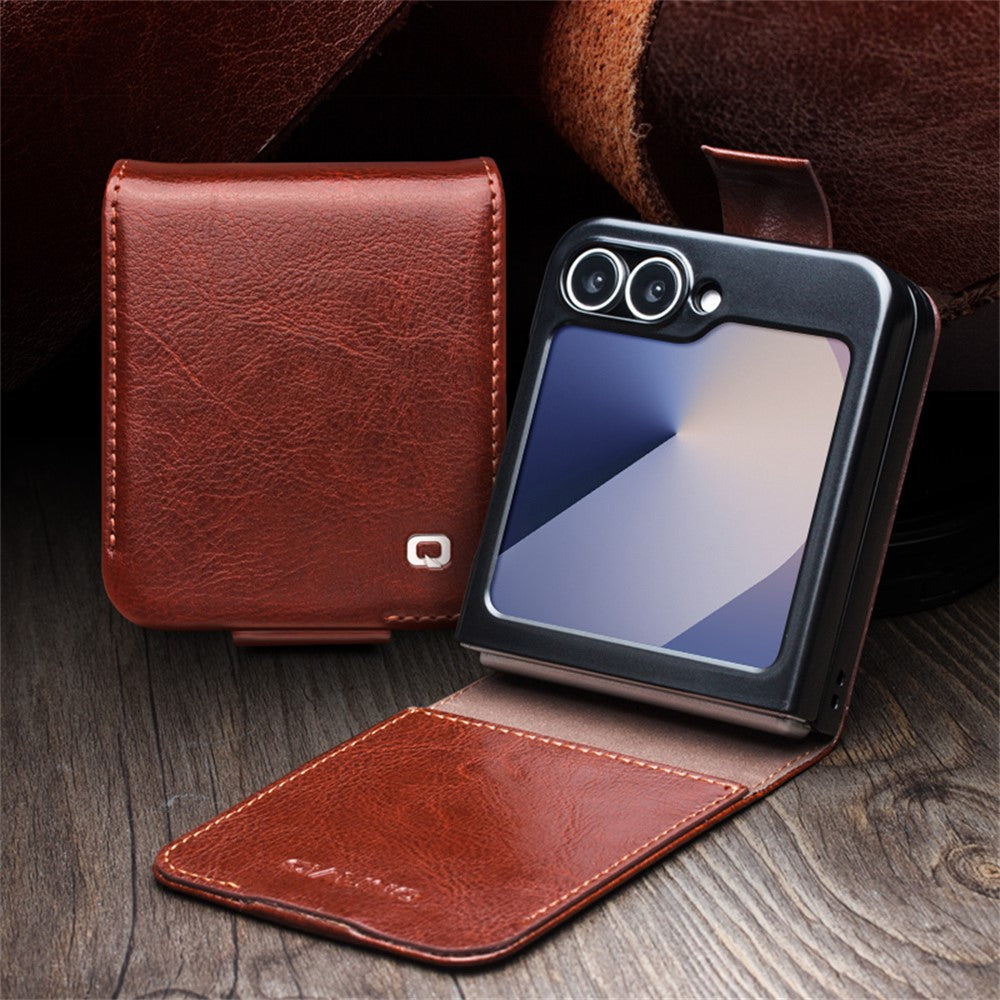 QIALINO For Samsung Galaxy Z Flip7 FE 5G / Z Flip6 5G Case TPU+Genuine Cow Leather Folio Flip Phone Cover