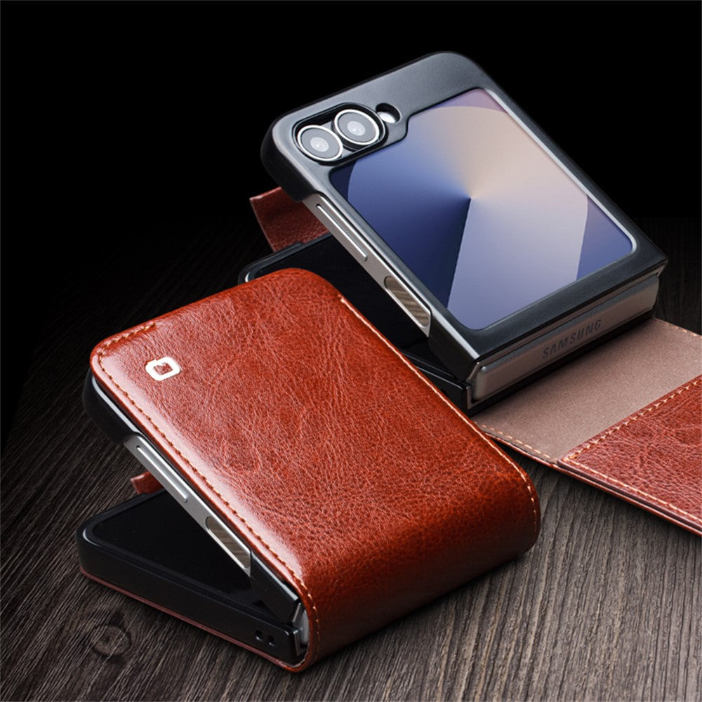 QIALINO For Samsung Galaxy Z Flip7 FE 5G / Z Flip6 5G Case TPU+Genuine Cow Leather Folio Flip Phone Cover