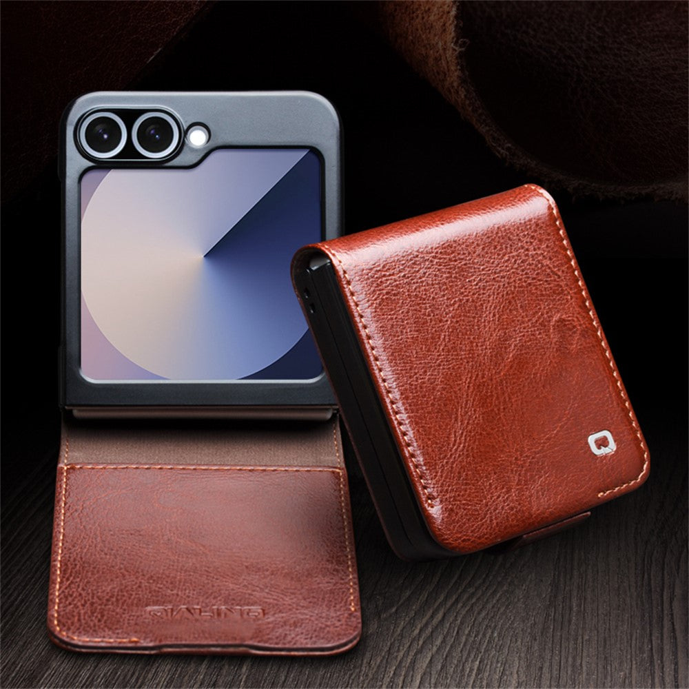 QIALINO For Samsung Galaxy Z Flip7 FE 5G / Z Flip6 5G Case TPU+Genuine Cow Leather Folio Flip Phone Cover