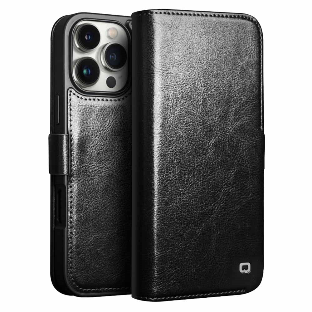 QIALINO For iPhone 16 Pro Case TPU+Genuine Cow Leather Wallet Phone Cover