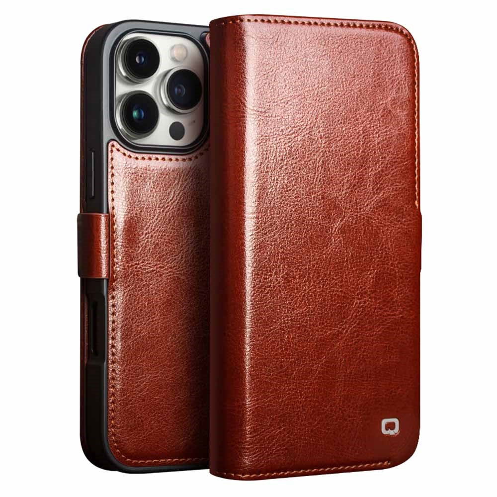 QIALINO For iPhone 16 Pro Case TPU+Genuine Cow Leather Wallet Phone Cover