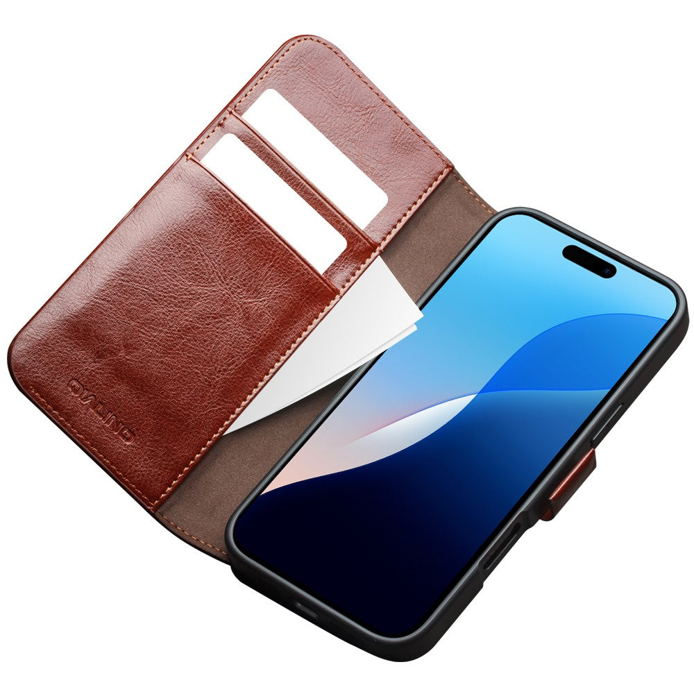 QIALINO For iPhone 16 Pro Case TPU+Genuine Cow Leather Wallet Phone Cover