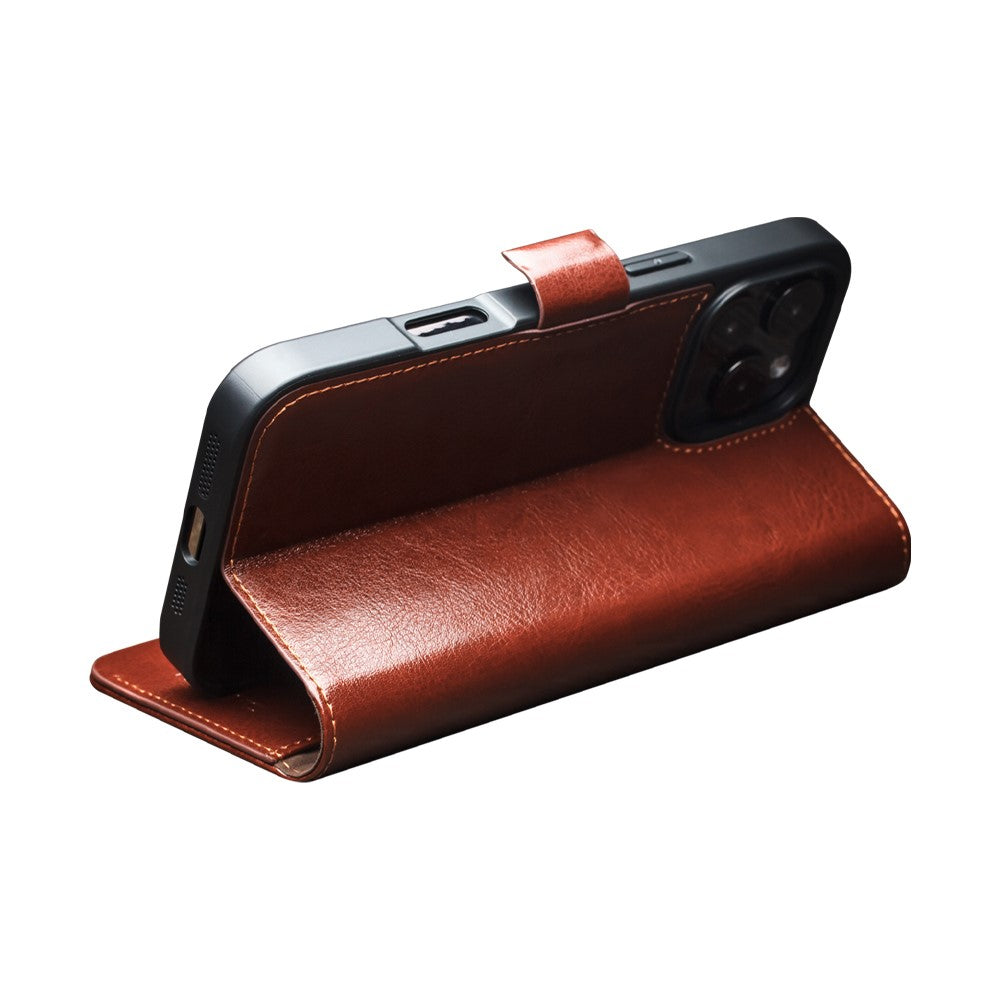 QIALINO For iPhone 16 Pro Case TPU+Genuine Cow Leather Wallet Phone Cover