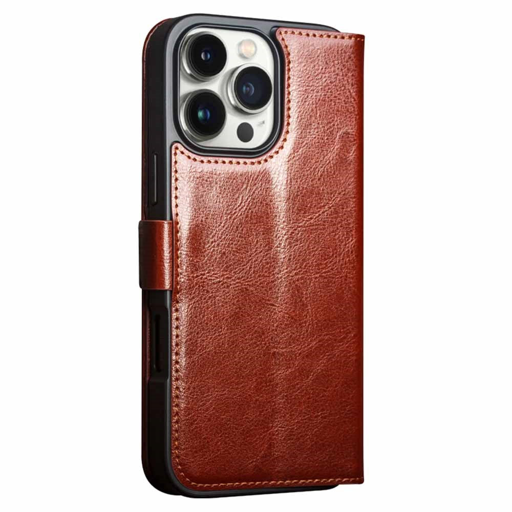 QIALINO For iPhone 16 Pro Case TPU+Genuine Cow Leather Wallet Phone Cover