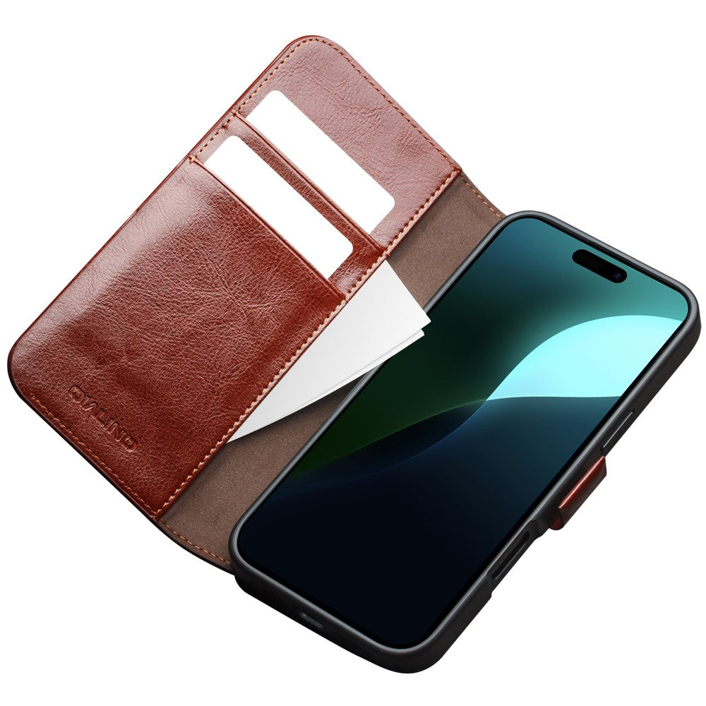 QIALINO For iPhone 16 Case TPU+Genuine Cow Leather Wallet Phone Cover