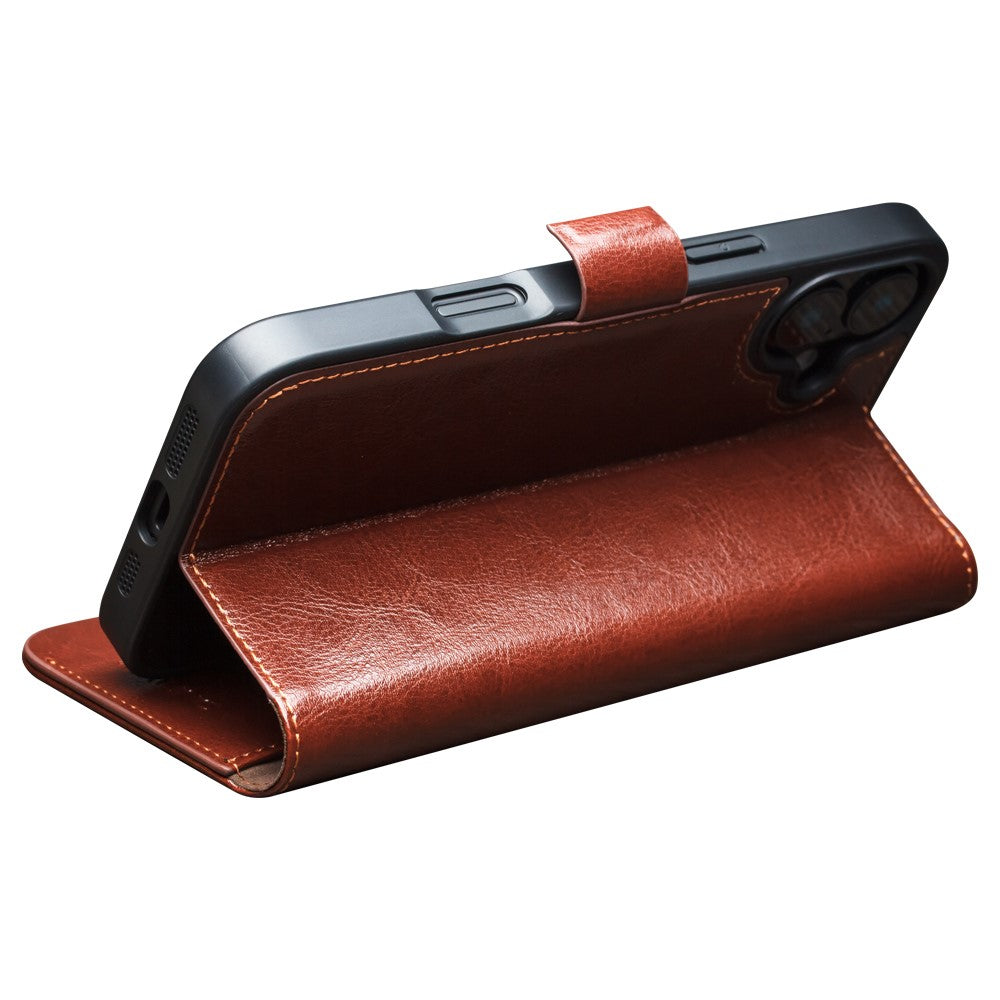 QIALINO For iPhone 16 Case TPU+Genuine Cow Leather Wallet Phone Cover