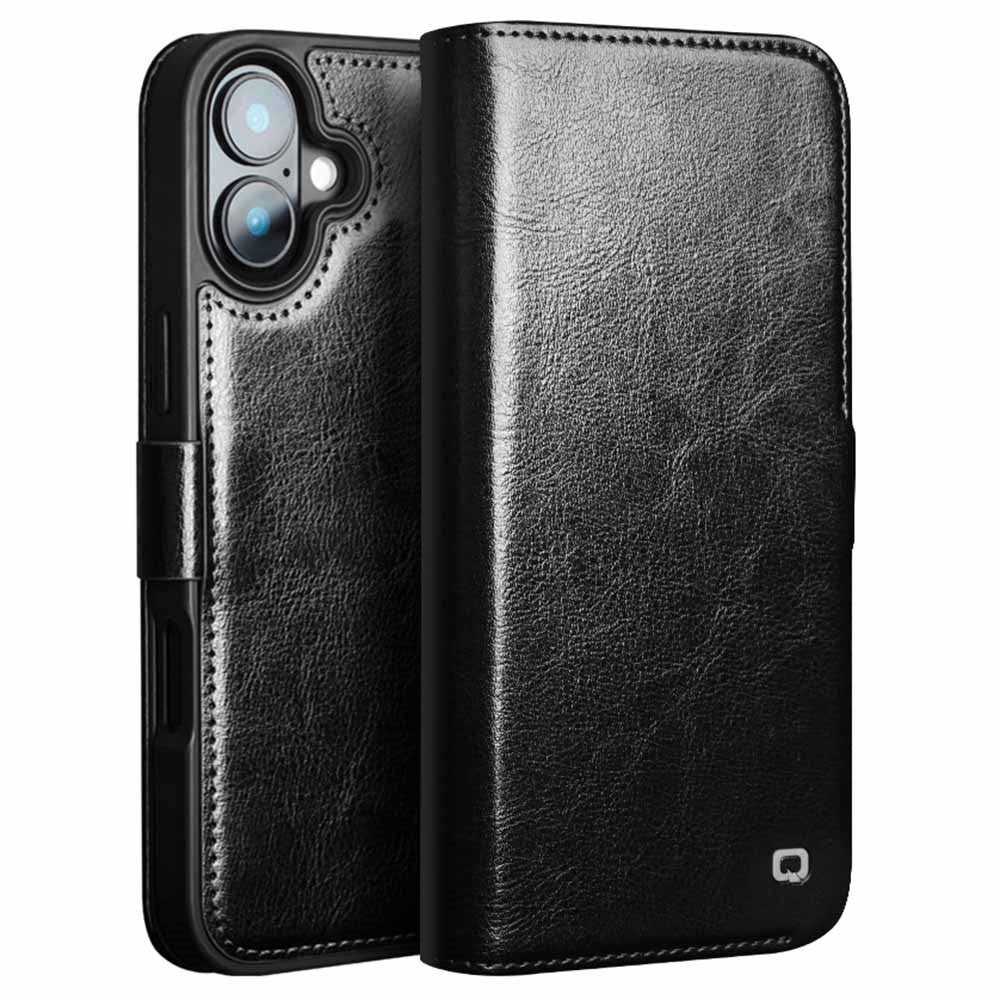 QIALINO For iPhone 16 Plus Case TPU+Genuine Cow Leather Wallet Phone Cover