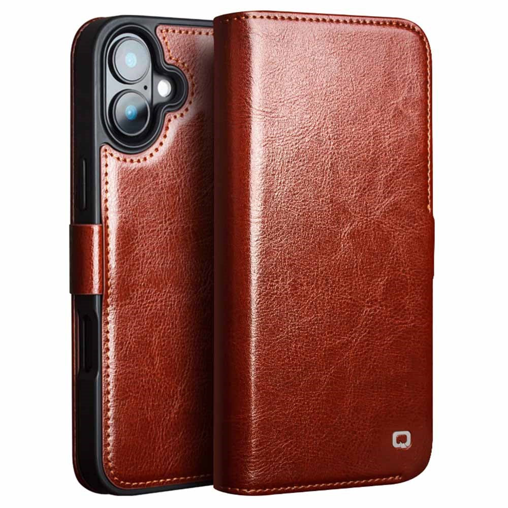 QIALINO For iPhone 16 Plus Case TPU+Genuine Cow Leather Wallet Phone Cover
