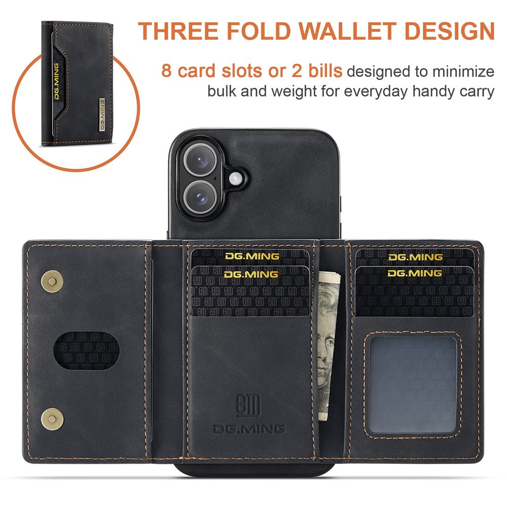 DG.MING M2 Series for iPhone 16 Case PU+PC+TPU Phone Cover Detachable Wallet