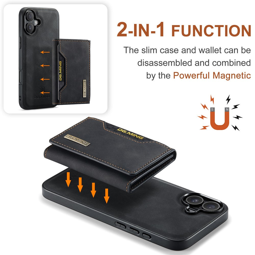 DG.MING M2 Series for iPhone 16 Case PU+PC+TPU Phone Cover Detachable Wallet
