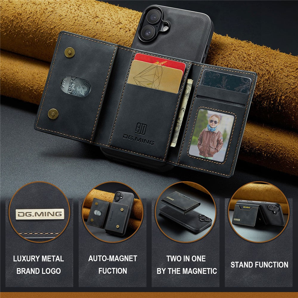 DG.MING M2 Series for iPhone 16 Plus Case PU+PC+TPU Phone Cover Detachable Wallet