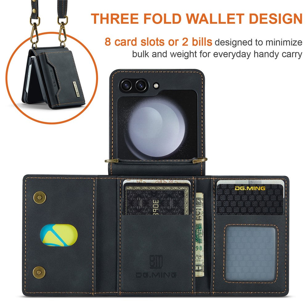 DG.MING M2 Series for Samsung Galaxy Z Flip7 FE 5G / Z Flip6 5G Case PU+PC Phone Cover with Wallet, Strap
