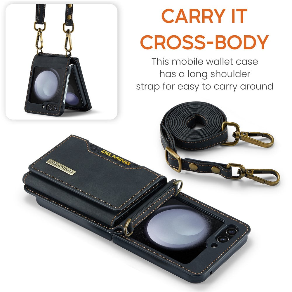 DG.MING M2 Series for Samsung Galaxy Z Flip7 FE 5G / Z Flip6 5G Case PU+PC Phone Cover with Wallet, Strap