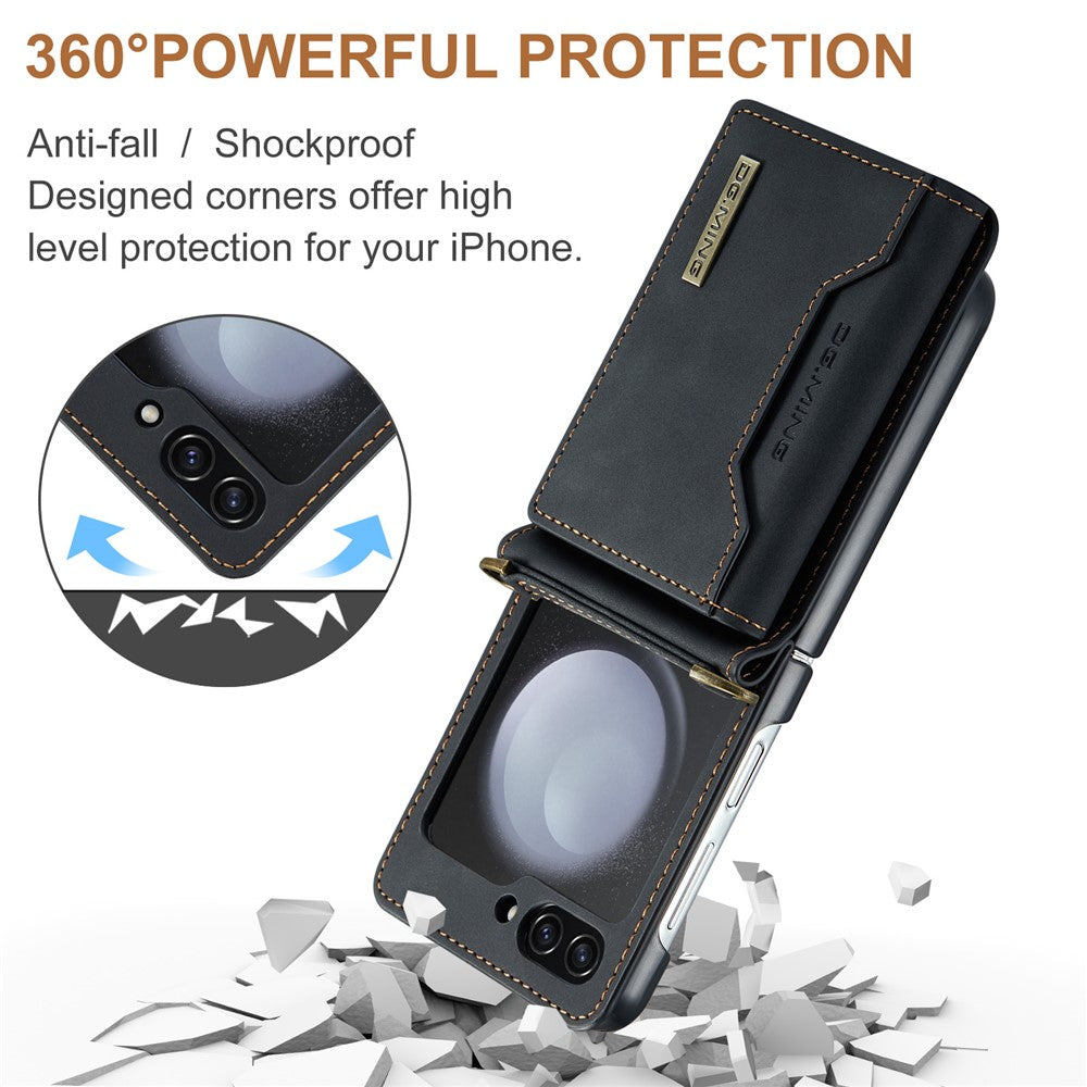 DG.MING M2 Series for Samsung Galaxy Z Flip7 FE 5G / Z Flip6 5G Case PU+PC Phone Cover with Wallet, Strap