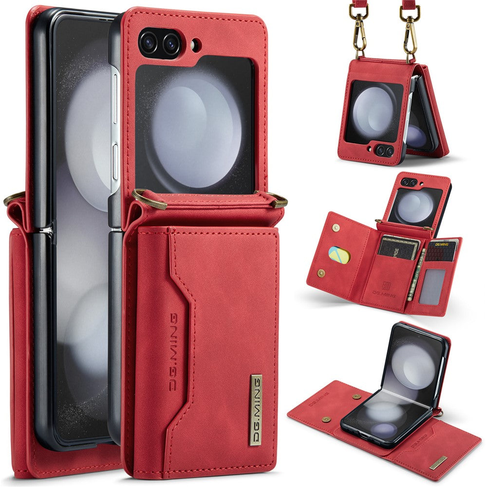 DG.MING M2 Series for Samsung Galaxy Z Flip7 FE 5G / Z Flip6 5G Case PU+PC Phone Cover with Wallet, Strap
