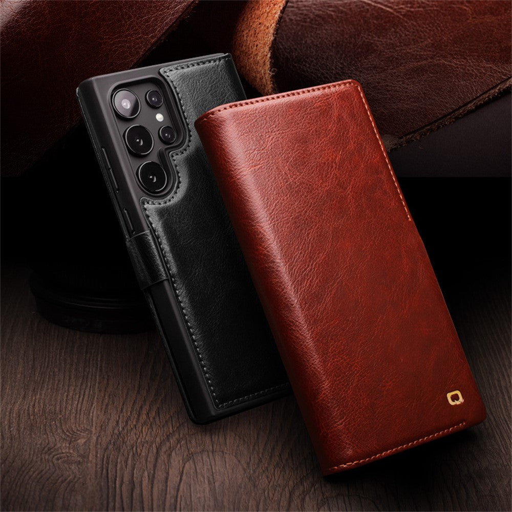 QIALINO For Samsung Galaxy S25 Ultra Case Genuine Cow Leather Wallet Phone Cover with Magnetic Closure